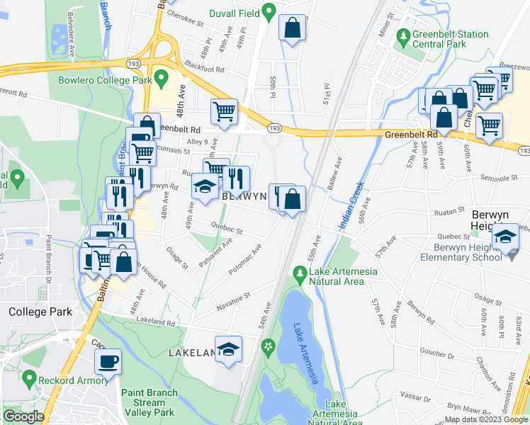 map of restaurants, bars, coffee shops, grocery stores, and more near 51st Ave & Berwyn Rd in College Park