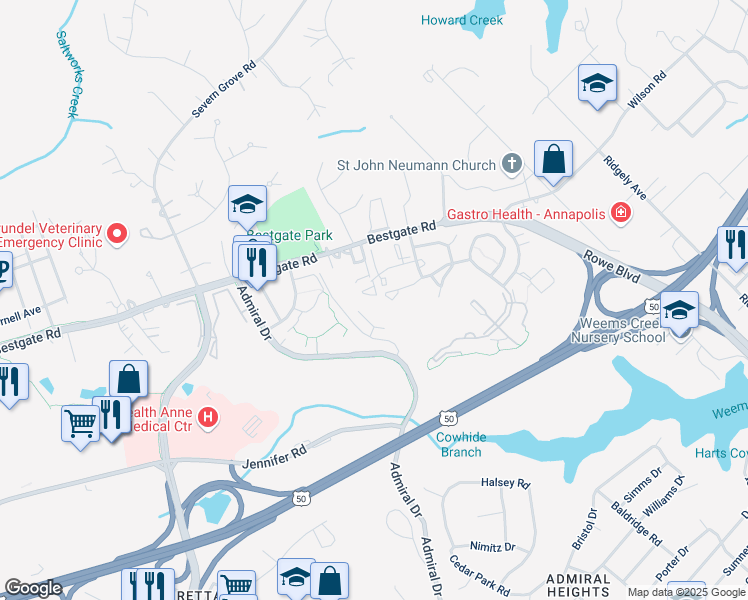 map of restaurants, bars, coffee shops, grocery stores, and more near 801 Latchmere Court in Annapolis