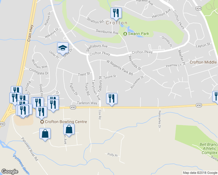 map of restaurants, bars, coffee shops, grocery stores, and more near 2017 Old Willow Way in Crofton