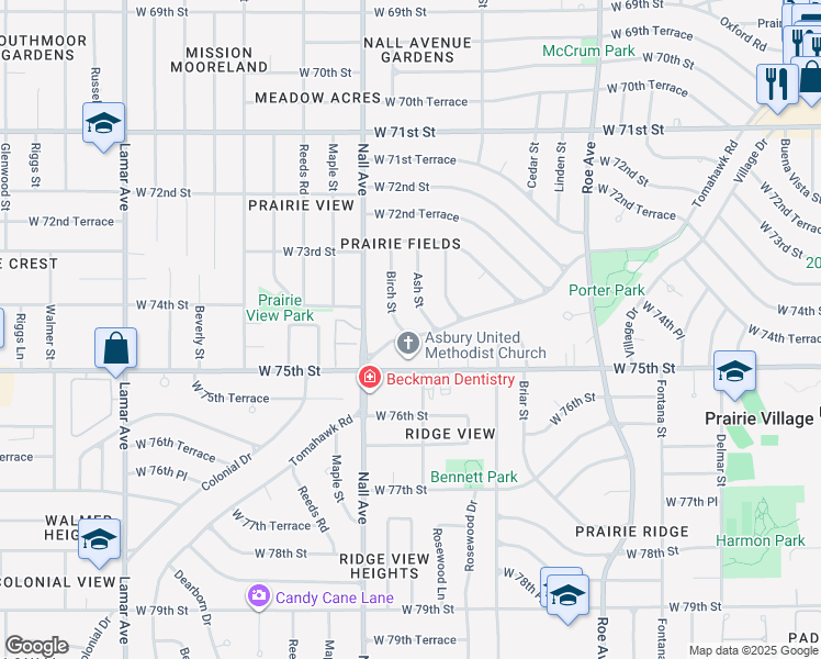 map of restaurants, bars, coffee shops, grocery stores, and more near 7415 Birch Street in Prairie Village