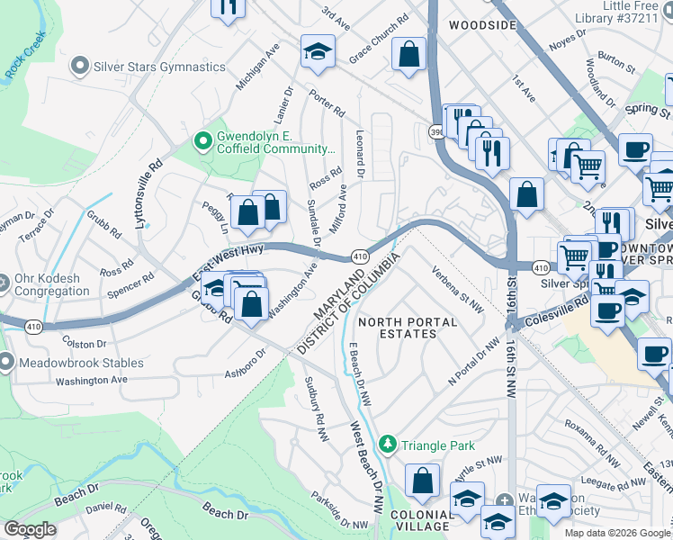 map of restaurants, bars, coffee shops, grocery stores, and more near 2020 East-West Highway in Silver Spring