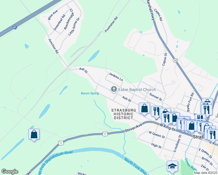 map of restaurants, bars, coffee shops, grocery stores, and more near 644 Ash Street in Strasburg