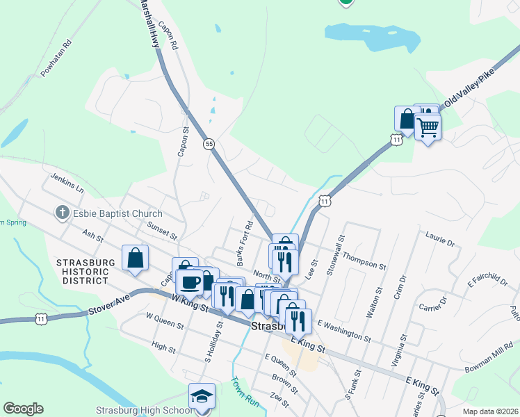 map of restaurants, bars, coffee shops, grocery stores, and more near 475 Banks Fort Road in Strasburg