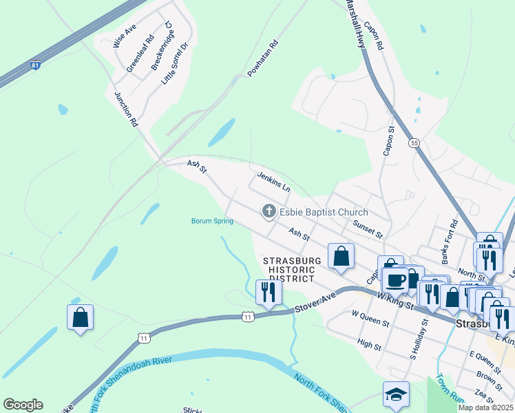 map of restaurants, bars, coffee shops, grocery stores, and more near 644 Ash Street in Strasburg