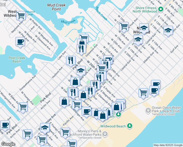 map of restaurants, bars, coffee shops, grocery stores, and more near 121 West Magnolia Avenue in Wildwood
