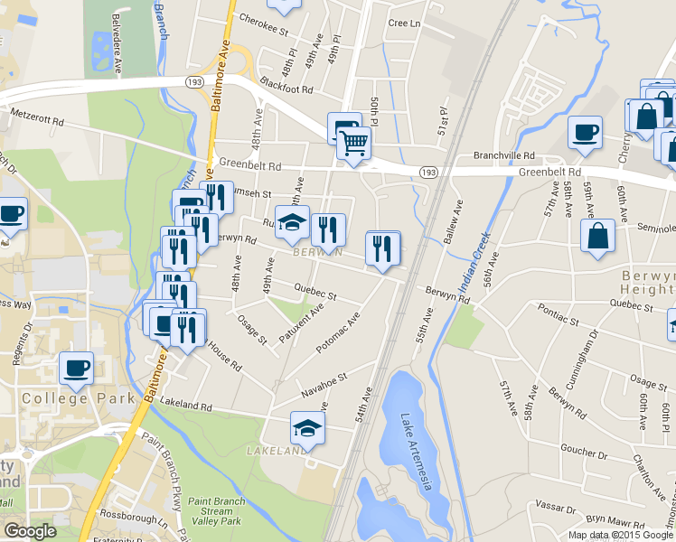 map of restaurants, bars, coffee shops, grocery stores, and more near 5033 Berwyn Road in College Park
