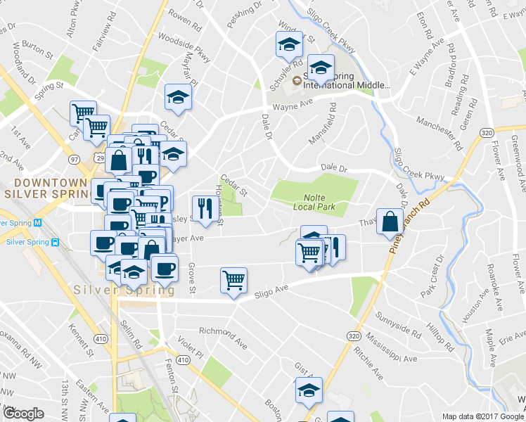 map of restaurants, bars, coffee shops, grocery stores, and more near 8757 Georgia Avenue in Silver Spring