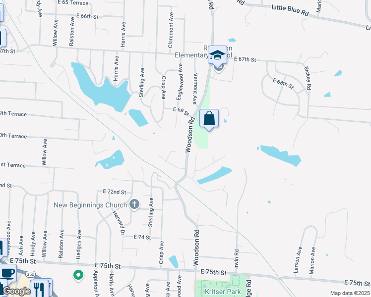 map of restaurants, bars, coffee shops, grocery stores, and more near 7104 Norwood Avenue in Raytown