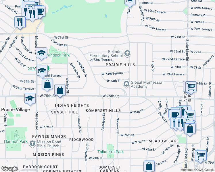 map of restaurants, bars, coffee shops, grocery stores, and more near 7416 Cherokee Drive in Prairie Village