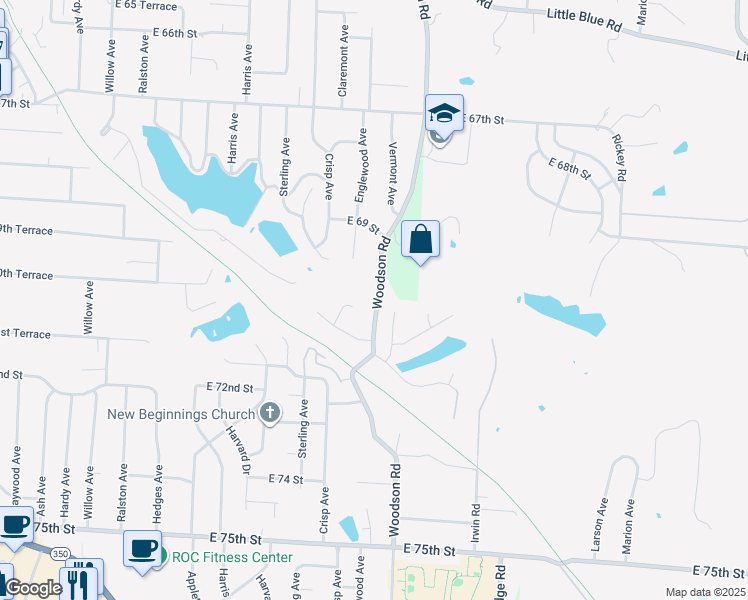map of restaurants, bars, coffee shops, grocery stores, and more near 7104 Norwood Avenue in Raytown