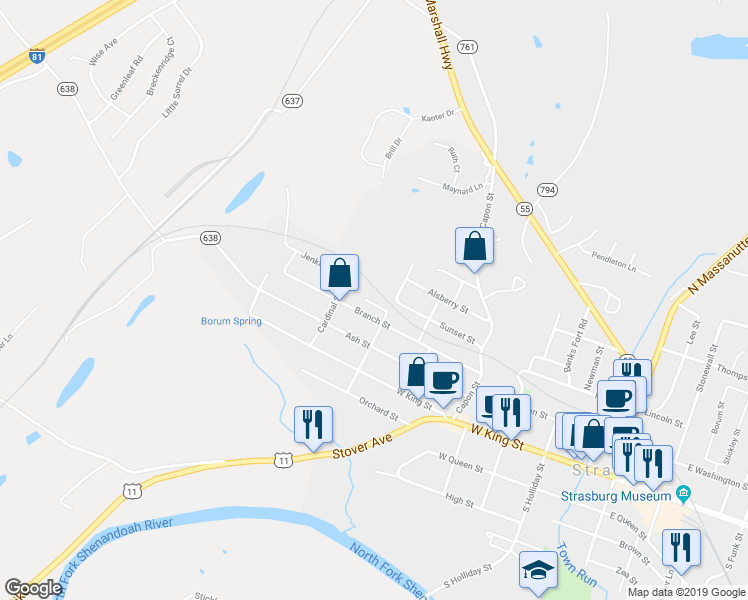map of restaurants, bars, coffee shops, grocery stores, and more near 574 Chester Street in Strasburg