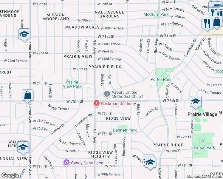 map of restaurants, bars, coffee shops, grocery stores, and more near 7415 Birch Street in Prairie Village