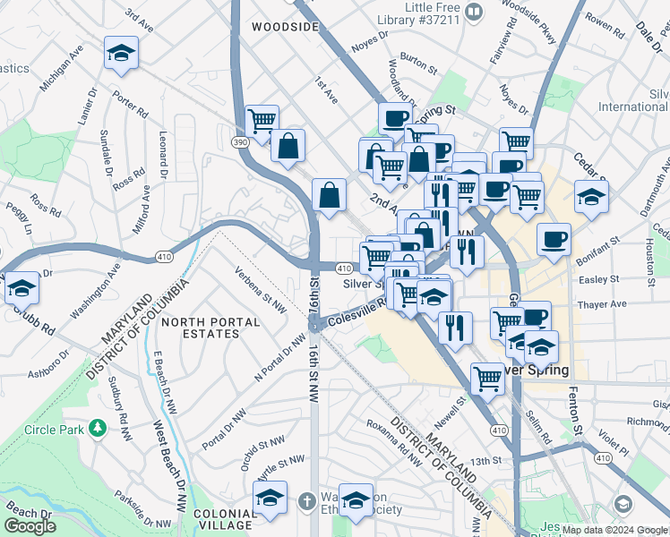 map of restaurants, bars, coffee shops, grocery stores, and more near 1582 East-West Highway in Silver Spring