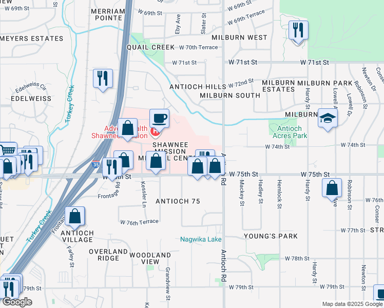 map of restaurants, bars, coffee shops, grocery stores, and more near 8901 West 74th Street in Merriam