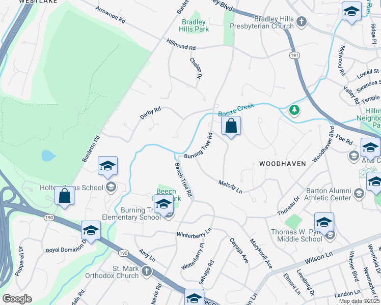 map of restaurants, bars, coffee shops, grocery stores, and more near 8436 Burning Tree Road in Bethesda