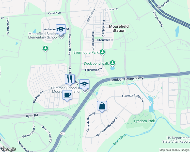 map of restaurants, bars, coffee shops, grocery stores, and more near 43421 Stonewood Crossing Terrace in Ashburn