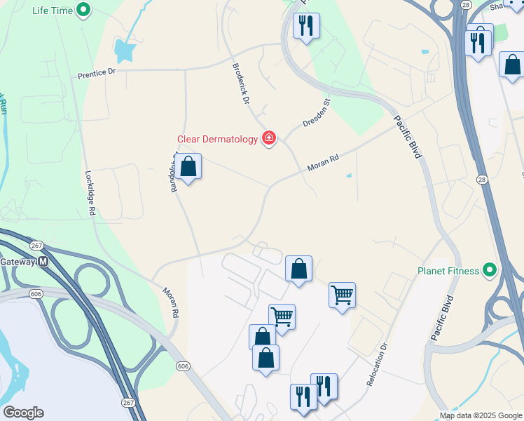 map of restaurants, bars, coffee shops, grocery stores, and more near Moran Road in Sterling