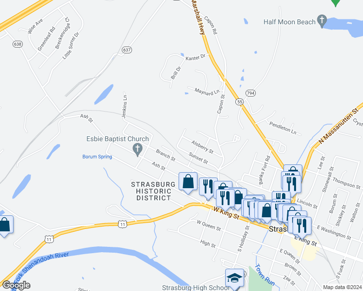 map of restaurants, bars, coffee shops, grocery stores, and more near 482 Sunset Street in Strasburg
