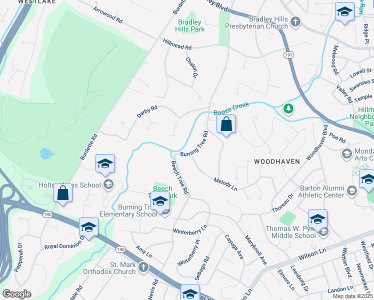 map of restaurants, bars, coffee shops, grocery stores, and more near 8436 Burning Tree Road in Bethesda