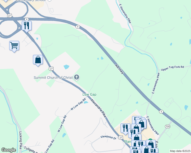 map of restaurants, bars, coffee shops, grocery stores, and more near 1088 East Low Gap Road in Highland Heights