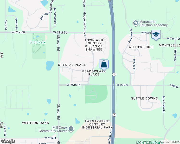 map of restaurants, bars, coffee shops, grocery stores, and more near 23501 West 73rd Terrace in Shawnee