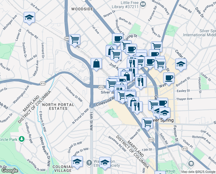 map of restaurants, bars, coffee shops, grocery stores, and more near 1511 East-West Highway in Silver Spring