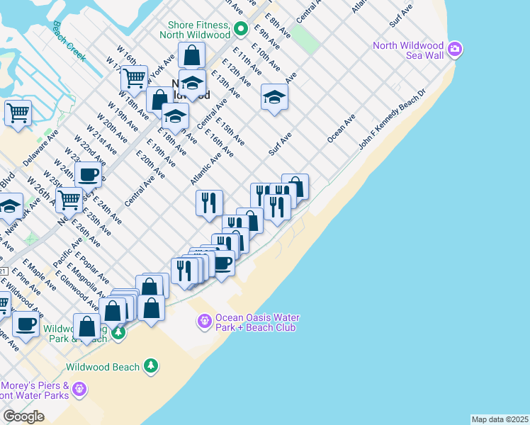 map of restaurants, bars, coffee shops, grocery stores, and more near 1702 Boardwalk in North Wildwood