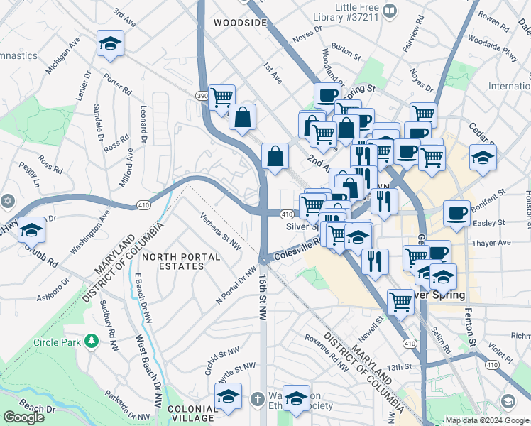map of restaurants, bars, coffee shops, grocery stores, and more near 101 Independence Avenue Southeast in Washington