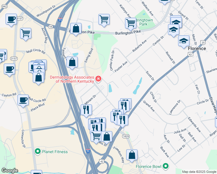 map of restaurants, bars, coffee shops, grocery stores, and more near 7660 Catawba Lane in Florence