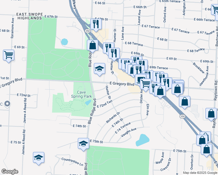 map of restaurants, bars, coffee shops, grocery stores, and more near 8907 East 72nd Street in Raytown