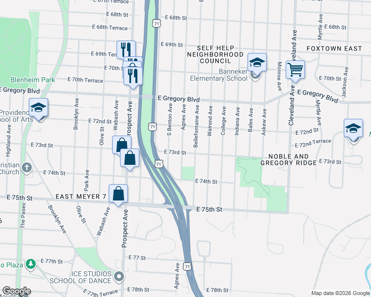 map of restaurants, bars, coffee shops, grocery stores, and more near 2925 East 73rd Street in Kansas City