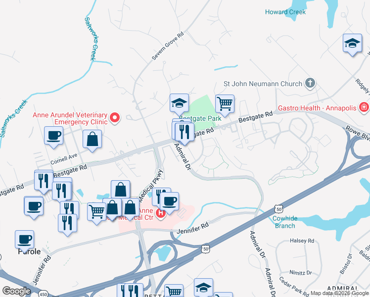 map of restaurants, bars, coffee shops, grocery stores, and more near 626 Admiral Drive in Annapolis