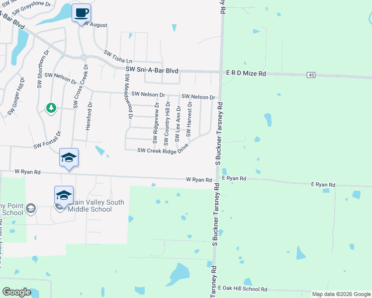 map of restaurants, bars, coffee shops, grocery stores, and more near 313 Southwest Creek Ridge Drive . in Grain Valley
