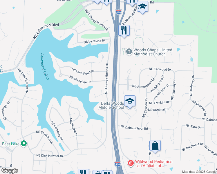 map of restaurants, bars, coffee shops, grocery stores, and more near 4501 Northeast De La Mar Court in Lee's Summit