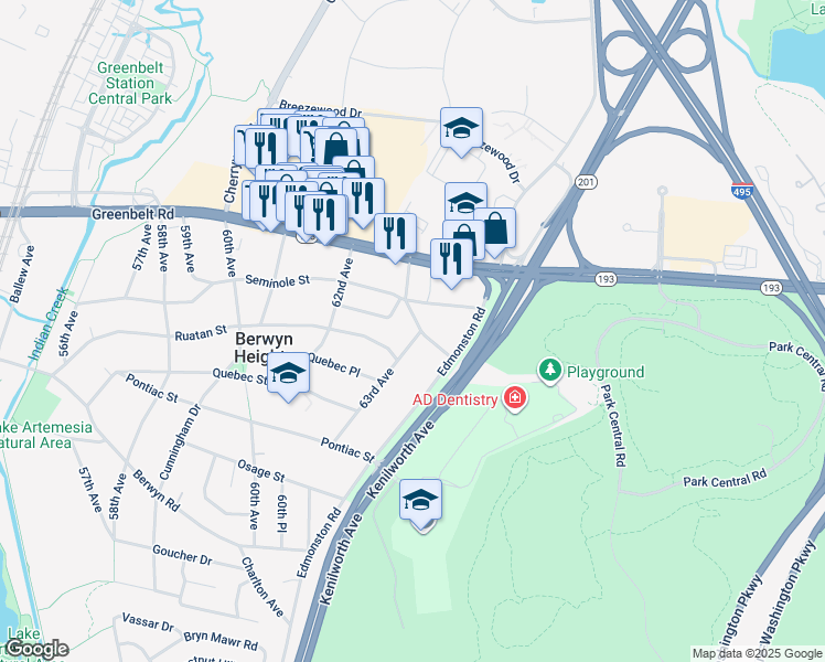 map of restaurants, bars, coffee shops, grocery stores, and more near 6207 Tecumseh Place in Berwyn Heights