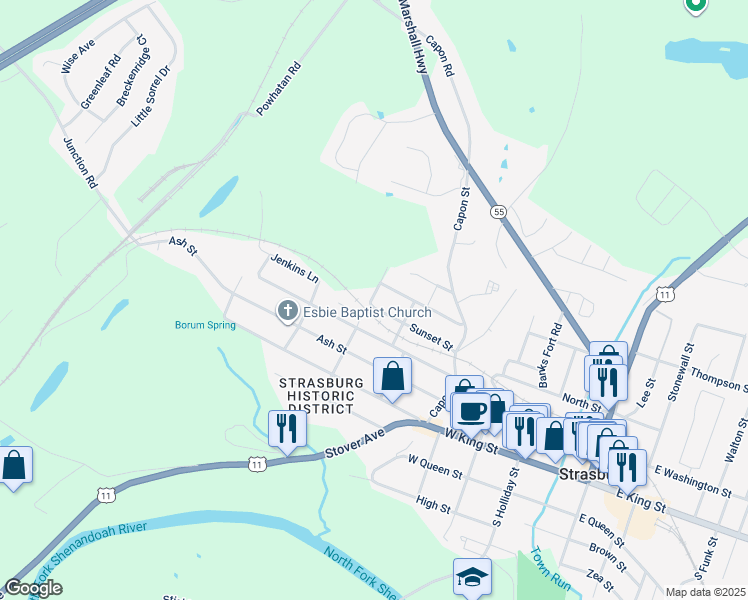 map of restaurants, bars, coffee shops, grocery stores, and more near 494 Sunset Street in Strasburg