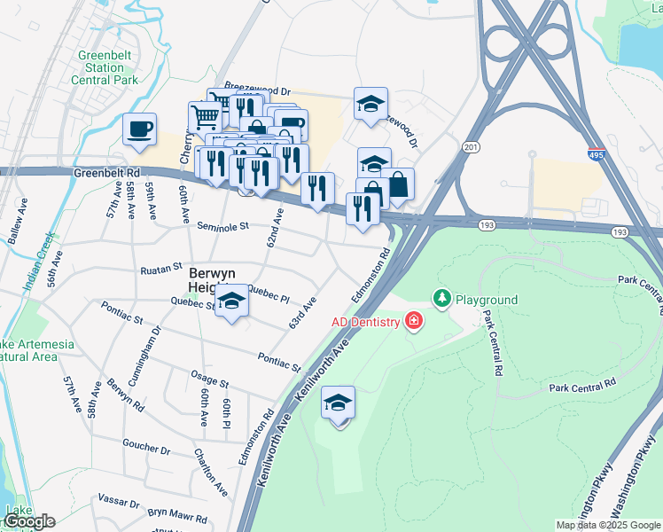 map of restaurants, bars, coffee shops, grocery stores, and more near 6207 Tecumseh Place in Berwyn Heights