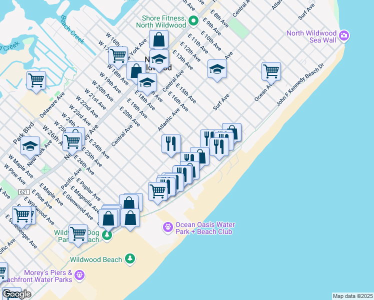 map of restaurants, bars, coffee shops, grocery stores, and more near 431 East 19th Avenue in Wildwood