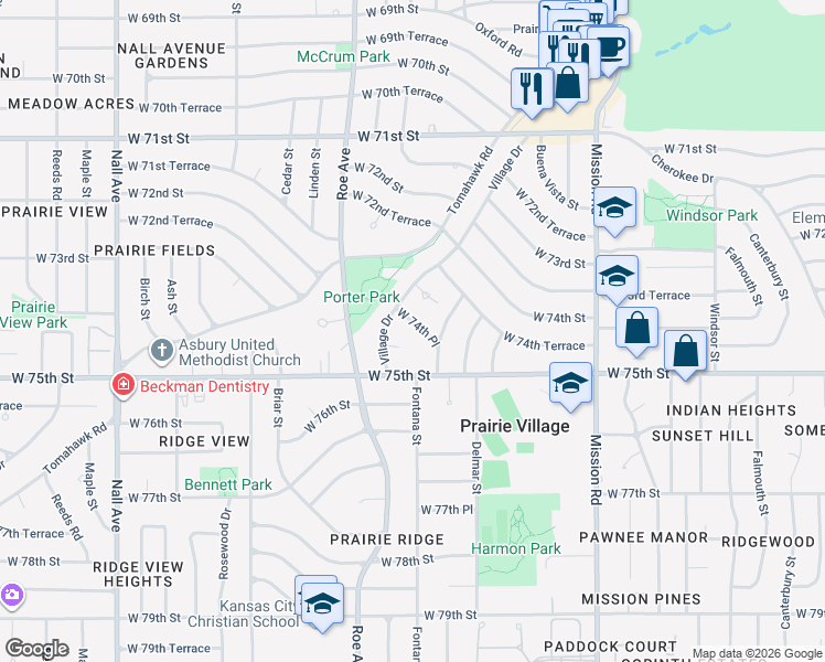 map of restaurants, bars, coffee shops, grocery stores, and more near 7477 Village Drive in Prairie Village