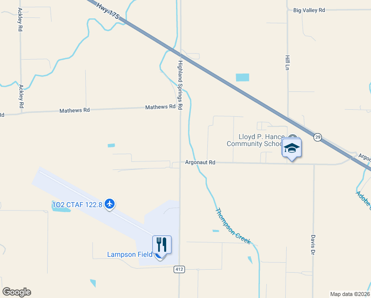 map of restaurants, bars, coffee shops, grocery stores, and more near 4257 Highland Springs Road in Lakeport