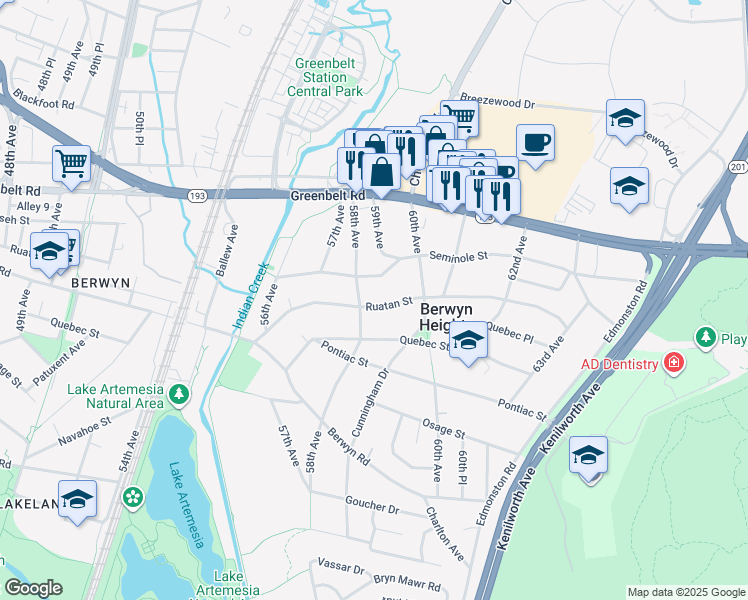 map of restaurants, bars, coffee shops, grocery stores, and more near 5804 Ruatan Street in Berwyn Heights