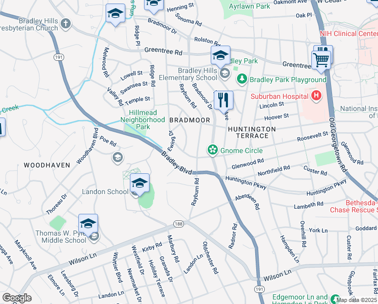 map of restaurants, bars, coffee shops, grocery stores, and more near 6005 Roosevelt Street in Bethesda