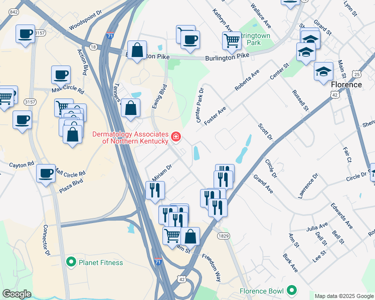 map of restaurants, bars, coffee shops, grocery stores, and more near 7745 Plantation Drive in Florence
