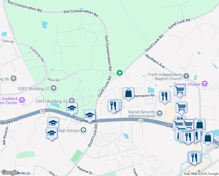 map of restaurants, bars, coffee shops, grocery stores, and more near 9981 Good Luck Road in Lanham