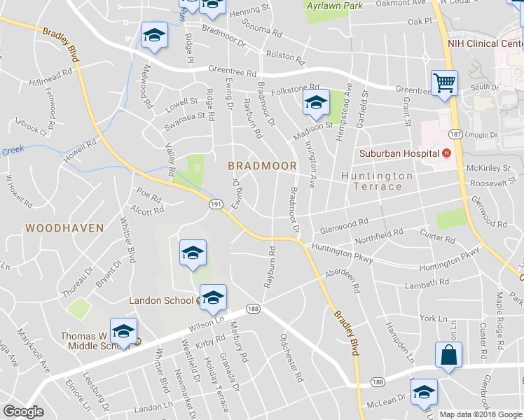 map of restaurants, bars, coffee shops, grocery stores, and more near 6005 Roosevelt Street in Bethesda
