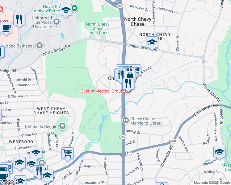 map of restaurants, bars, coffee shops, grocery stores, and more near 3929 Landmark Court in Chevy Chase