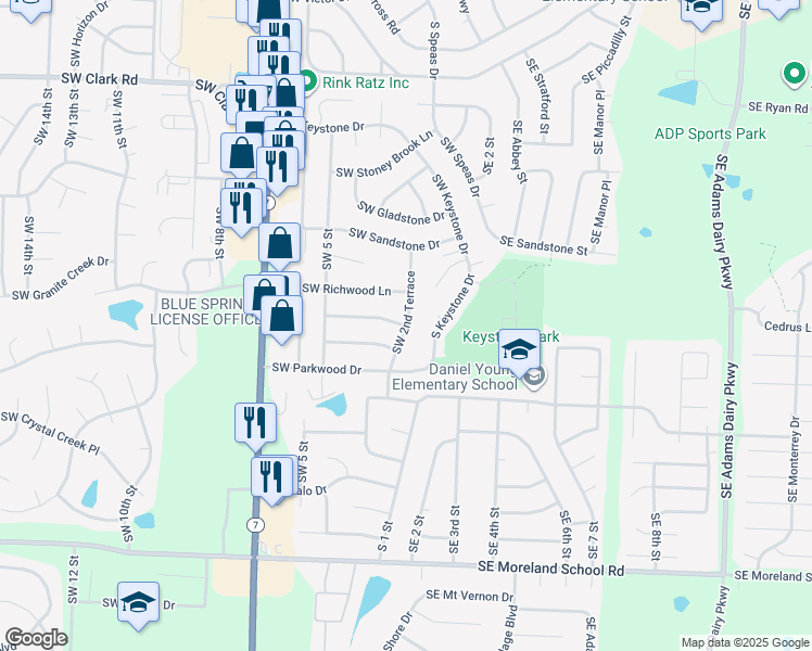 map of restaurants, bars, coffee shops, grocery stores, and more near Southwest 2nd Terrace in Blue Springs