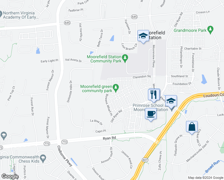map of restaurants, bars, coffee shops, grocery stores, and more near 22511 Naugatuck Square in Ashburn