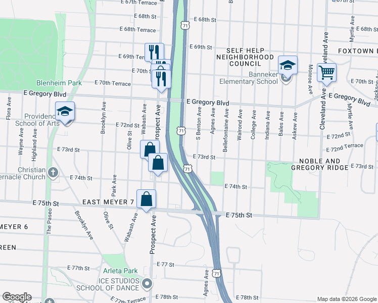 map of restaurants, bars, coffee shops, grocery stores, and more near 2817 East 73rd Street in Kansas City