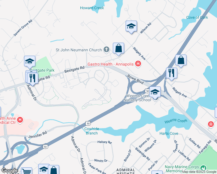 map of restaurants, bars, coffee shops, grocery stores, and more near 601 Captain John Brice Way in Annapolis